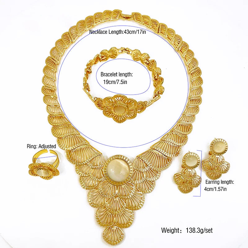 Dubai Women Jewelry Set Nigeria Africa Fashion Jewelry 18K Gold Plated Vintage White Stone Set Necklace Earring Bracelet Ring