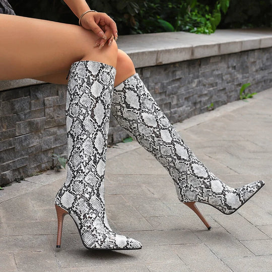 LeShion Of Chanmeb  Women Crocodile Knee High Boots Snakeskin Print Long Boots with Zipper Pointy Toe Thin High Heels Shoe