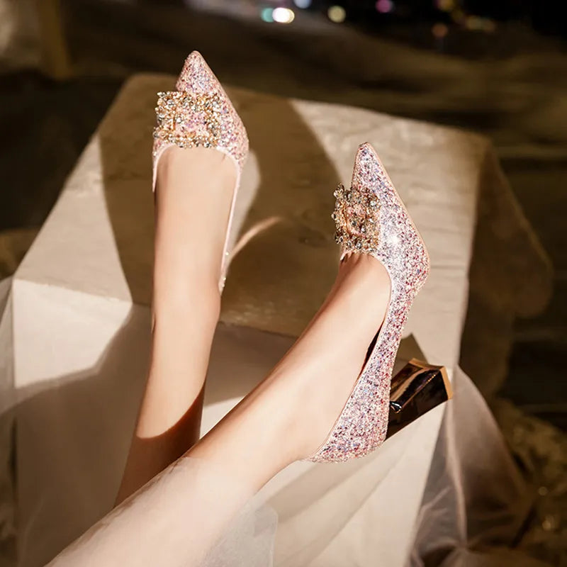 Pink Sequins Pumps Ladies Rhinestone Pointed Toe Stiletto High Heels Shoes Women Slip Shoes