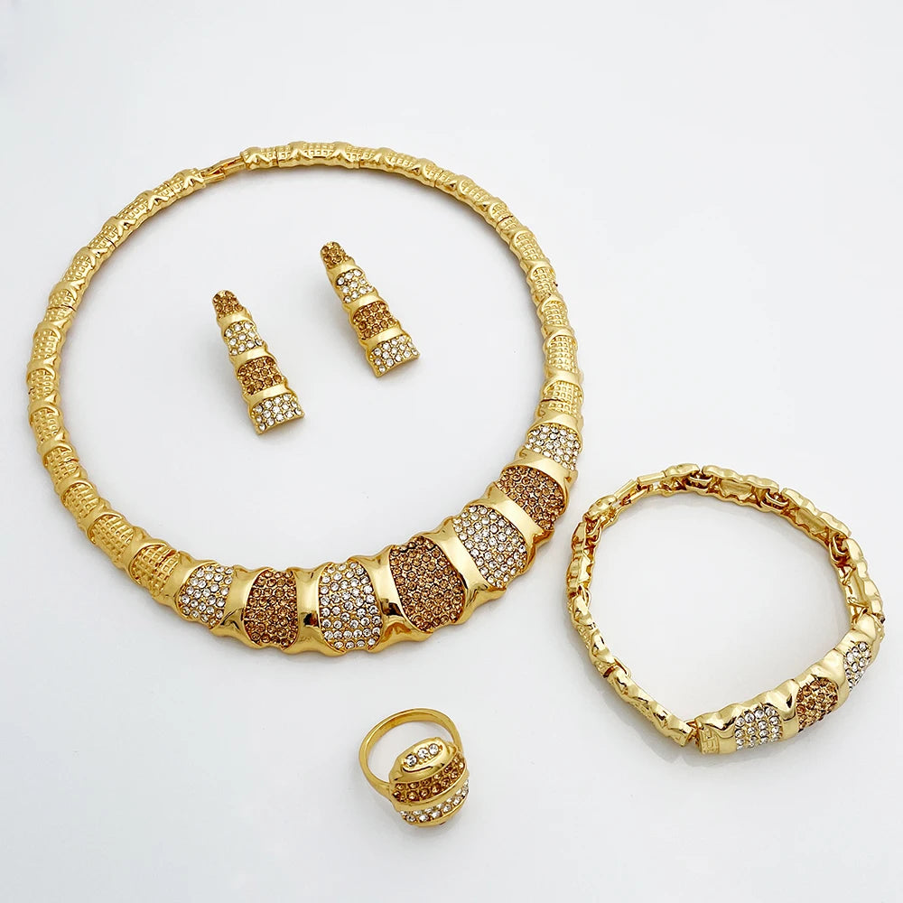 Dubai Gold Color Jewelry Sets, Luxury 18K Gold Plated Women Necklaces, Earrings, Ring, Bracelet