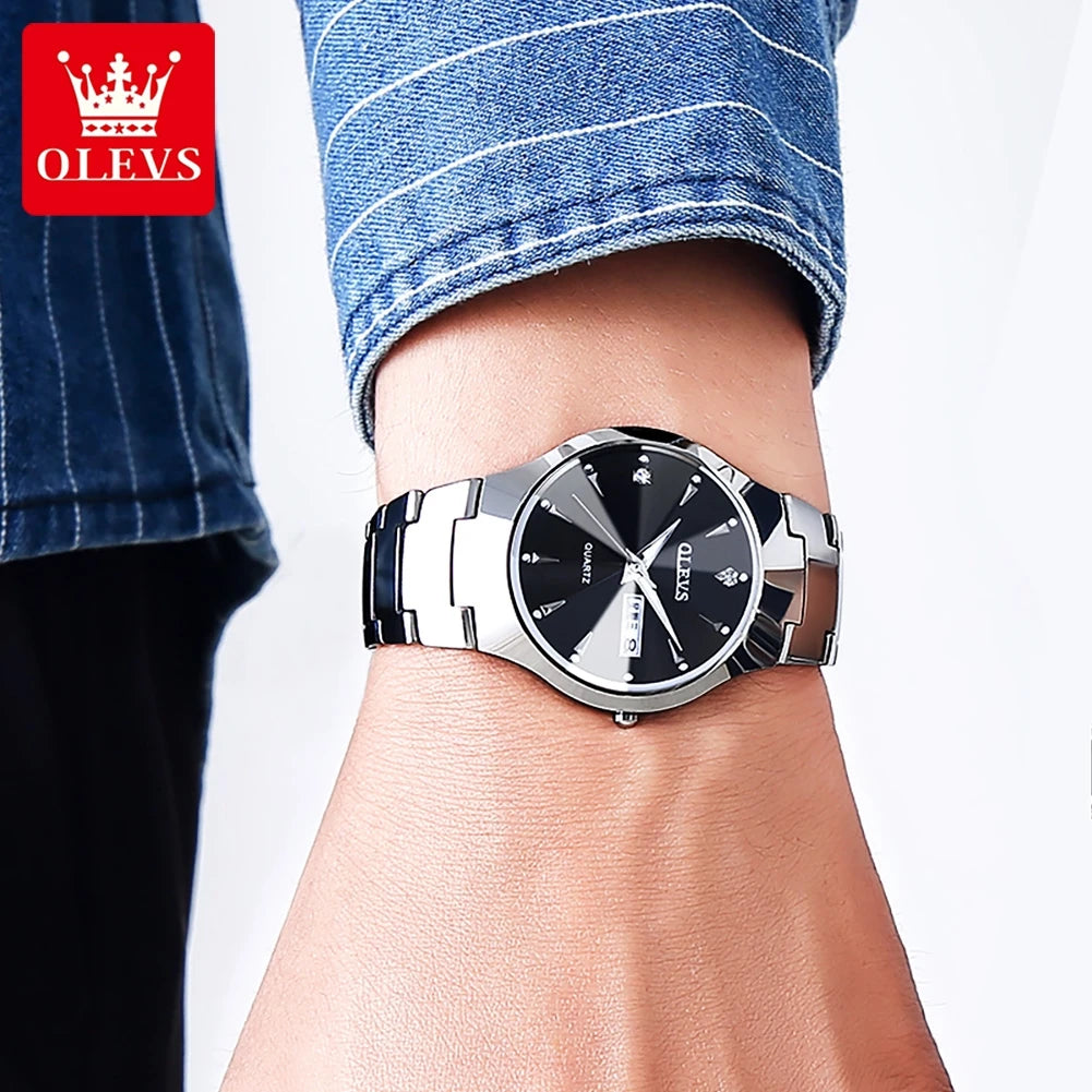 "OLEVS Men's Original Quartz Watch - Rhombus Mirror, Tungsten Steel Strap, Luminous, Waterproof, Date Display"