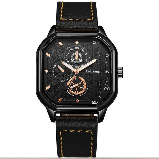 "YIKAZE Men's Quartz Watch - Alloy Dial, Business Style, Leather Strap, Square Sports Design, Cool Black Wristwatch"