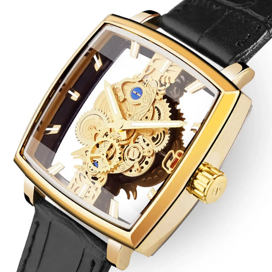 Top Luxury Men's Hollow Square Watch - Gold Gear, Fashionable Business Design, Versatile Glow, Waterproof, Quartz Movement"