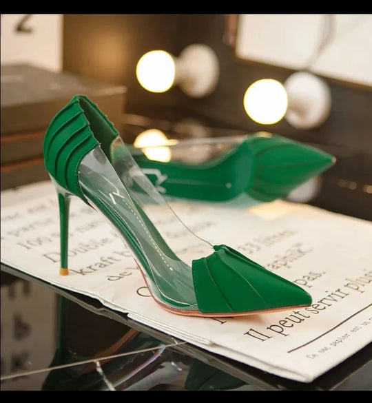 Woman Pink Pumps Luxury Designer Metal Pointed Stiletto Shallow Mouth Single Shoes High Heels Women Green Party Shoes