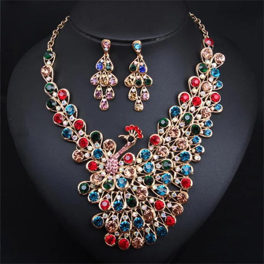 Exaggerated temperament, full diamond peacock necklace earrings set