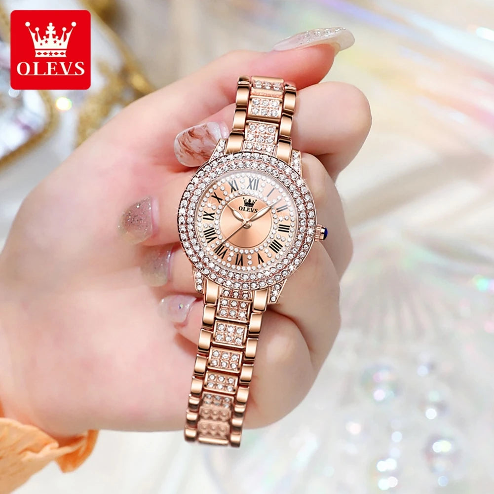 "OLEVS Original Women's Cubic Zirconia Diamond  Watch - Fashionable and Elegant, Stainless Steel, Waterproof Quartz Wristwatch, Luxury Ladies' Dress Timepiece"