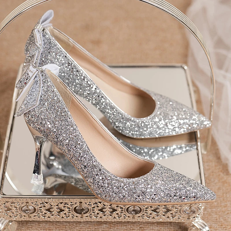 Luxury Gold Silver Sequins Pumps Women 2024  Slip On High Heels Party Pointed Toe Thin Heeled Shoes