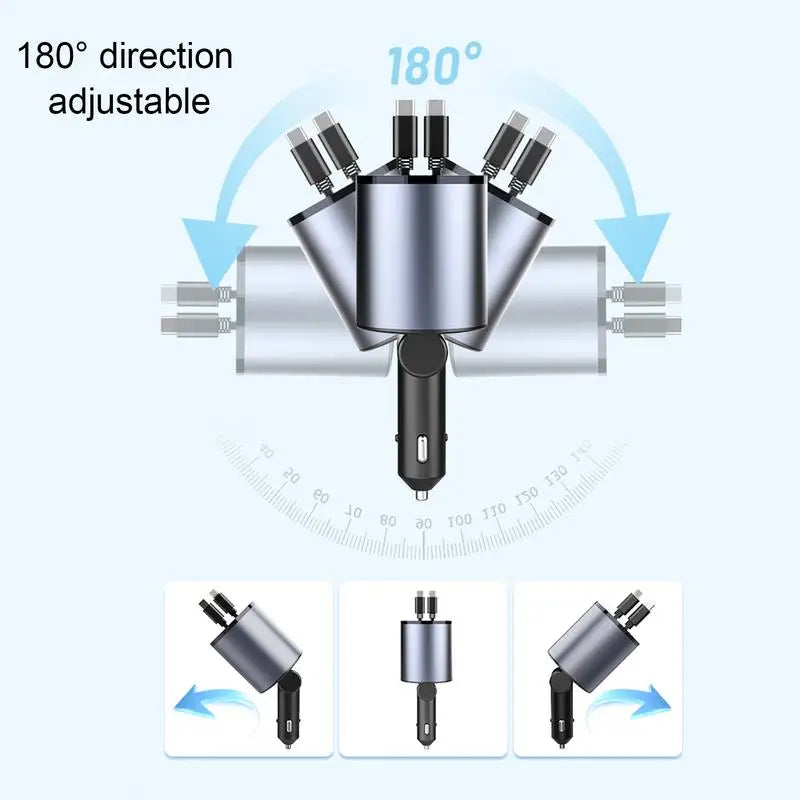 100W 4 IN 1 Retractable Car Charger USB Type C Cable For Smartphone Fast Charge Cord Car Cell Phone Charger