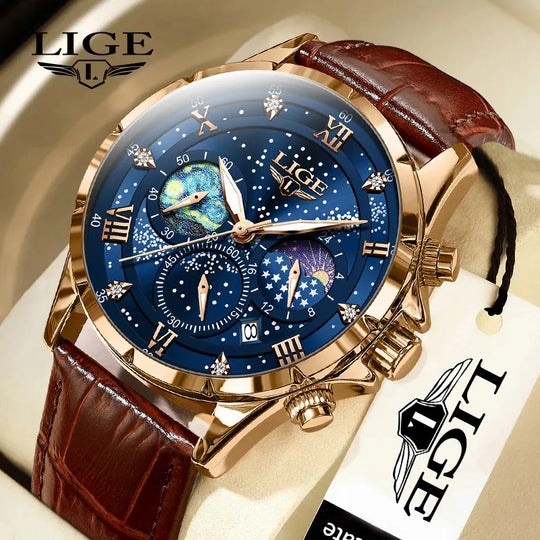 "LIGE Men's Casual Sport Watch - Luxury Waterproof, Date Display, Luminous Chronograph, Quartz Movement, Leather Strap"