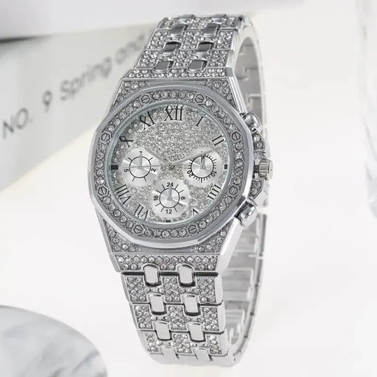 "Women's Diamond Gold Watch - Luxury Brand, Rhinestone Embellished, Ladies Wristwatch with Bracelet Design"