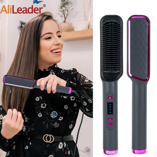 "Professional 2-in-1 Electric Hot Comb: Fast Heating Straightener and Curling Iron Hair Brush"