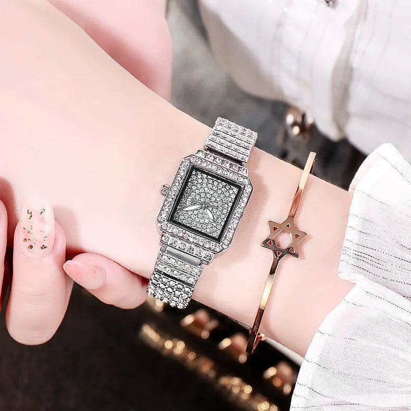 "New Women's Luxury Brand Watch - Gold Bracelet Style, Rhinestone Embellished, Elegant Ladies Timepiece, Perfect as a Gift"