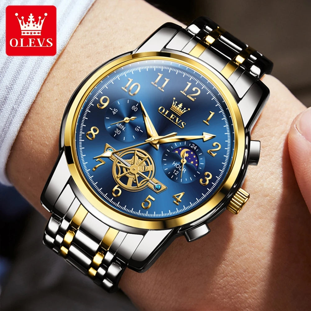 OLEVS Moon Face Watch Men Stainless Steel Waterpoof Luminous  Fashion  Chronograph Quartz Wrist Watch for Men NEW