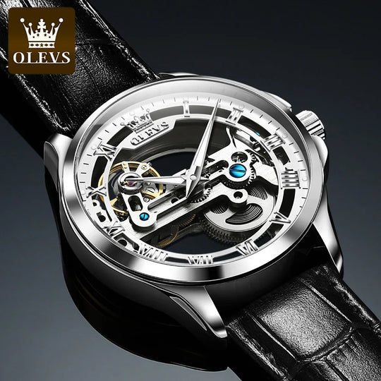 OLEVS  Automatic Mechanical Watch For Man Skeleton Flywheel Luminous Hands Waterproof Leather Strap Top Brand Luxury Gifts