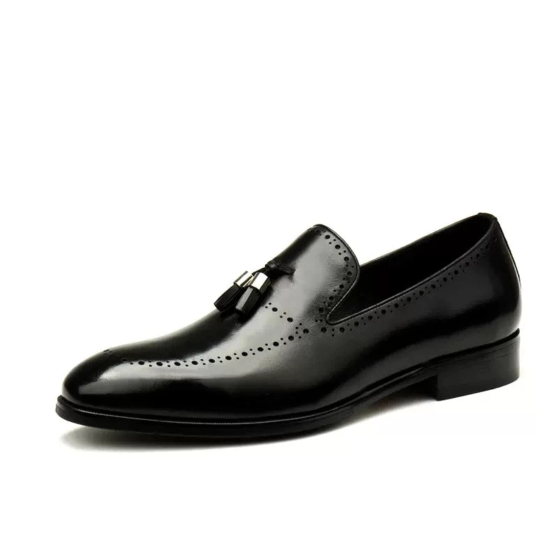 "Black Genuine Leather Tassel Loafers: Stylish Luxury Dress Shoes for Men, Perfect for Formal Events and Everyday Elegance"