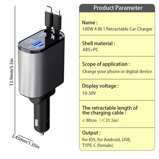 100W 4 in 1 Flexible Retractable Car Fast Charger for Apple Type C Super Fast Charger Cigarette Lighter Adapter