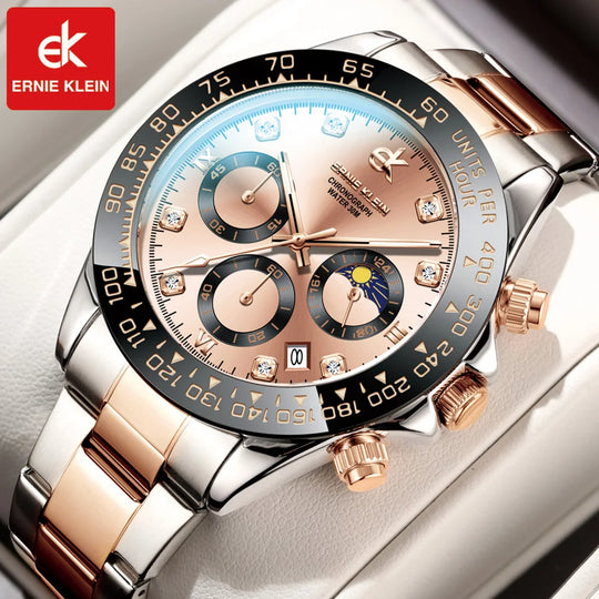 ERNIE KLEIN Watch for Men Gold Stainless Steel Luminous Waterproof Luxury Multifunction Analog Chronograph Moon Quartz Watch