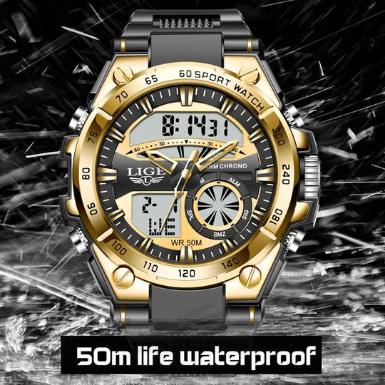 "LIGE Luxury Men's Dual Display Watch - Top Brand Fashion, Casual Sport Diver Style, Quartz Chronograph"