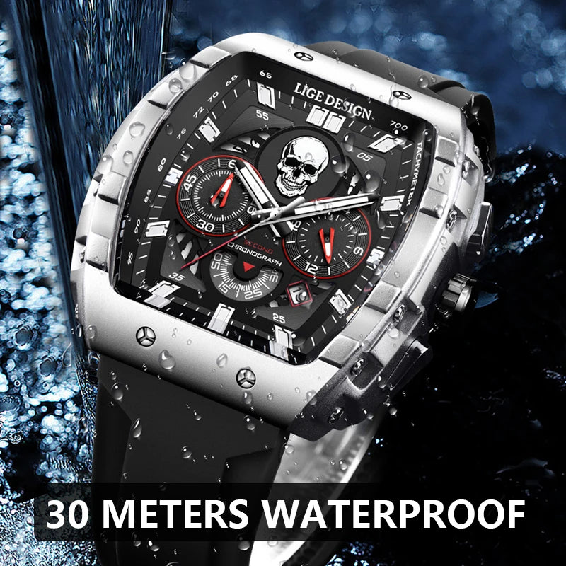 "LIGE Men's Fashion Sport Skull Watch - Top Brand Luxury, Chronograph Quartz, Waterproof Wristwatch"