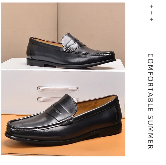 Luxury Men Penny Loafers Genuine Leather Slip On Black Casual Business Dress Shoes Mens Wedding Party Office Fashion Shoes