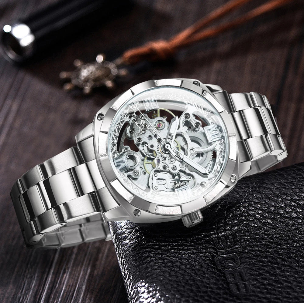 Forsining Square Skeleton Mechanical Watches Luxury Engraved Movement Retro Automatic Watch for Men Steel Strap Luminous Hands