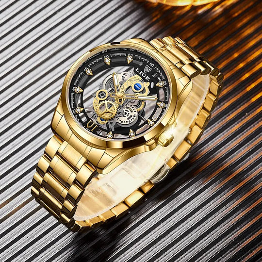 "LIGE New Skeleton Quartz Men's Watch - Gold Retro Style, Top Brand Luxury, Elegant Wristwatch"