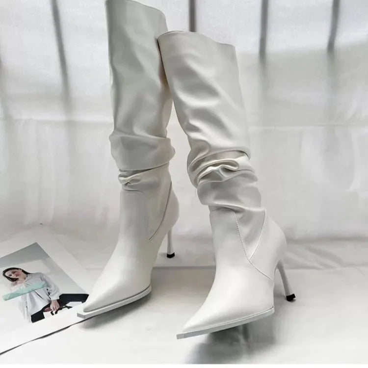 "Elegant Women's High Knee Boots: Fashionable Pointed Toe with Stiletto Heel - Chic and Sexy Ladies' Long Boots