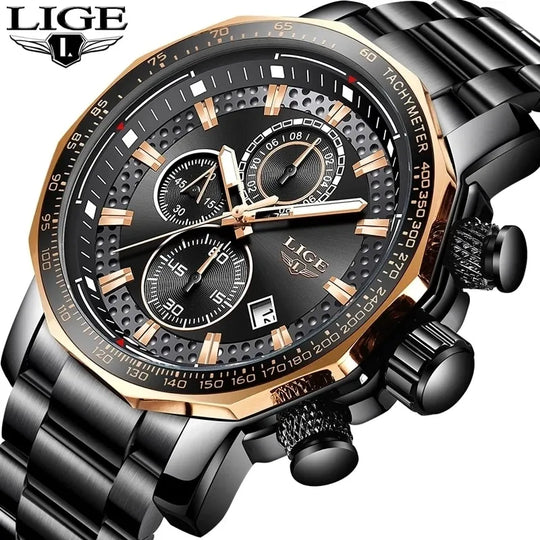 "LIGE New Men's Sport Chronograph Watch - Top Brand Luxury, Full Steel Quartz, Waterproof, Large Dial Design"