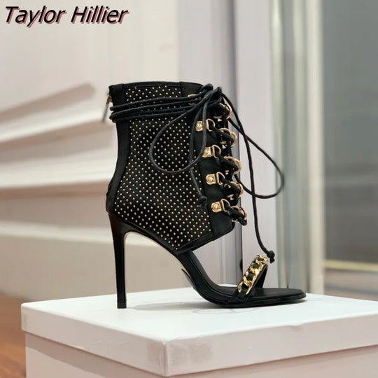 Taylor Hillier Summer Metal Buckle Black High-Heeled Shoes Open Toe Stiletto Lace Back Zipper Ladies Boots