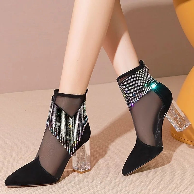 Summer Fashion Boots Women 2024 New Glitter Rhinestone Ladies Pointed Toe Chunky Heel Shoes Dress Party Female Mesh Sandals