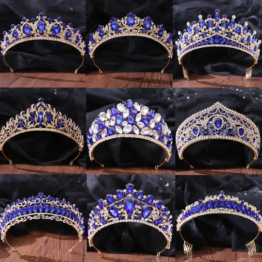 Baroque Sweet Blue Crystal Crown Bride Tiara For Women