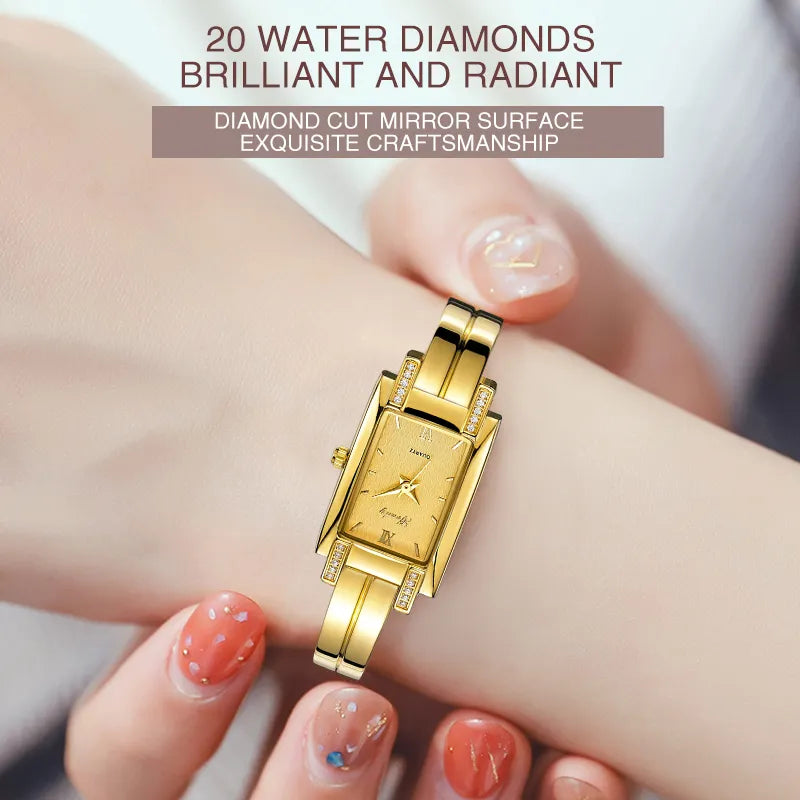 "Luxury Gold Women's Watch - Fashion Square Diamond Design, Water-Resistant, Quartz Movement, Free Shipping"