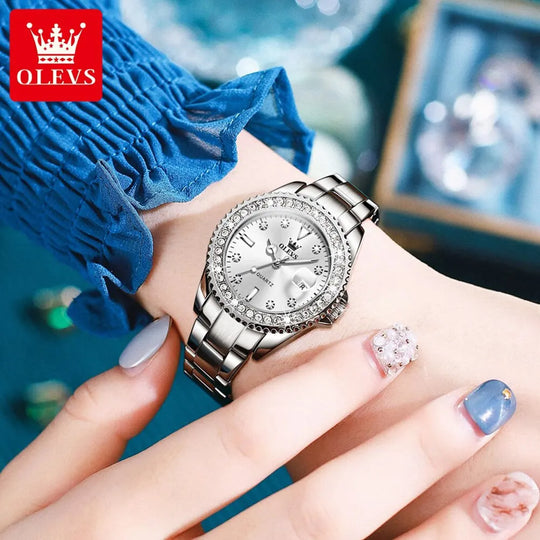 "OLEVS Women's Quartz Watch - Original Diamond Dial, Fashionable and Elegant, Stainless Steel, Waterproof Wristwatch for Ladies"