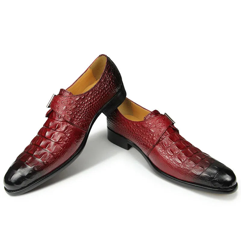 Men's Elegant Leather Oxford Dress Shoes with Crocodile Pattern, Italian-Inspired Strap Monk Loafer Design