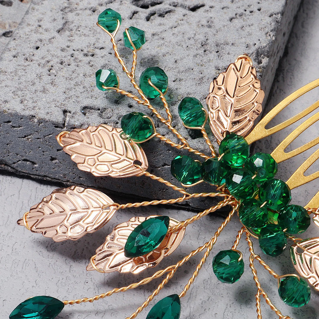 Bride Hairpins Tiaras Rhinestone Green Hair Combs For Women Fashion Beaded Golden Leaf Side Pins Bride Wedding Headpiece Jewelry