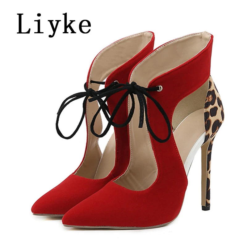 Liyke 2024 New Sexy Red Pointed Toe Lace Up High Heels Women Slingback Sandals Summer Party  Prom Shoes Leopard Print Pumps Mule