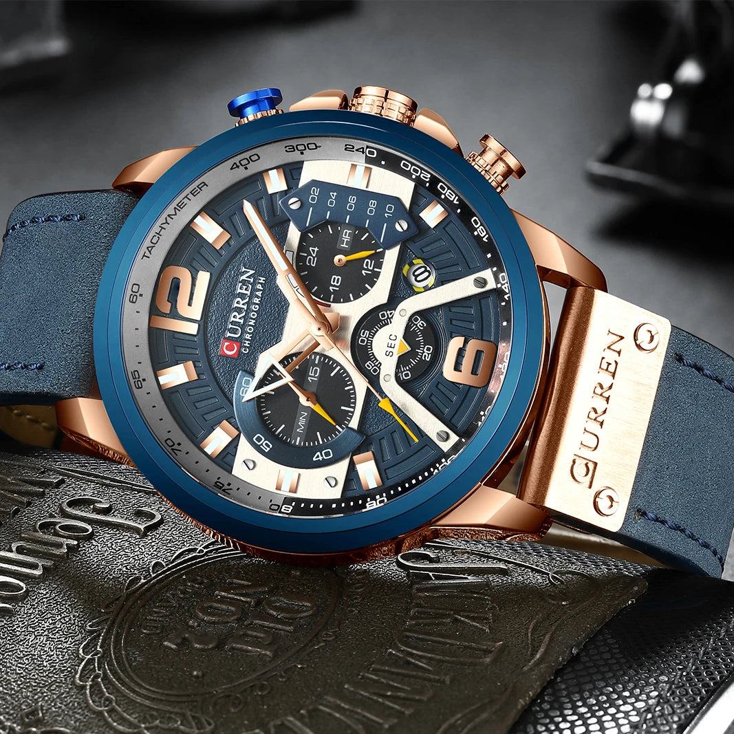 "CURREN Men's Casual Sport Watch - Luxury Military Style, Leather Wristband, Fashionable Chronograph Timepiece"