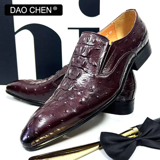 MEN'S GENUINE ITALIAN LEATHER RED WINE CROCODILE SLIP ON MEN'S DRESS SHOES