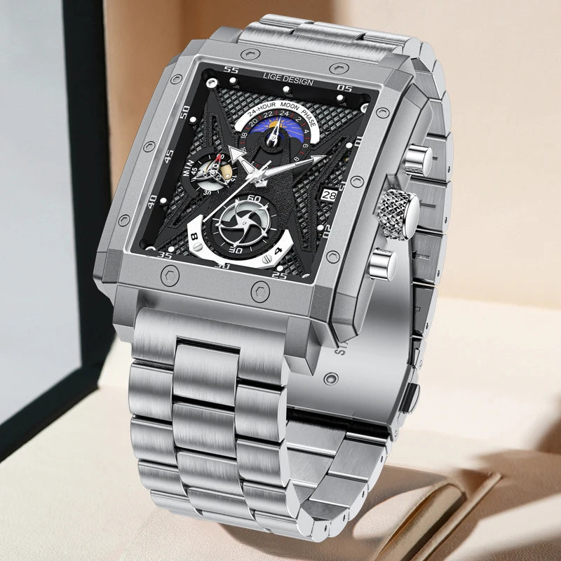 "LIGE Men's Fashion Quartz Watch - Casual Business Style, Top Brand Luxury, Sports Waterproof, Square Chronograph Wristwatch"