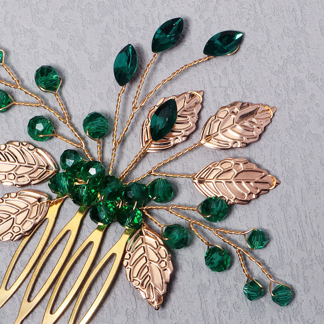 Bride Hairpins Tiaras Rhinestone Green Hair Combs For Women Fashion Beaded Golden Leaf Side Pins Bride Wedding Headpiece Jewelry