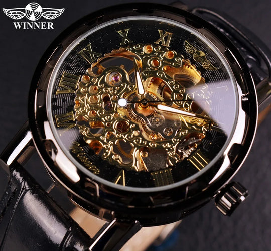 "Winner Fashion Men's Mechanical Watch - Skeleton Design, Top Brand Luxury, Leather Wristwatch"