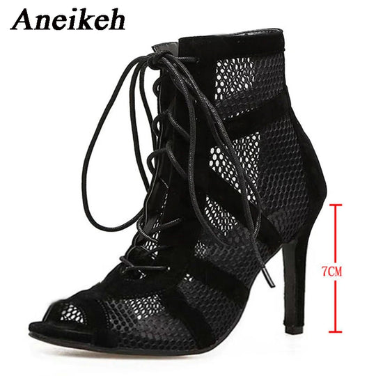 Aneikeh Middle Heel Ankle Strap Sandal Boots 2024 Fashion Summer Lace Up Cross-tied Peep Toe Lady Shoes