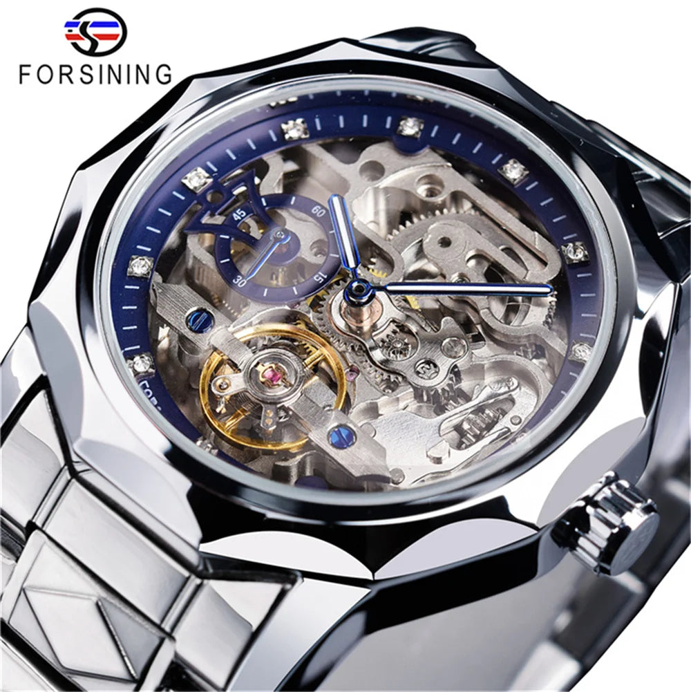 Forsining  Luxury Design Skeleton Transparent Golden Stainless Steel Men's Automatic Mechanical Watch