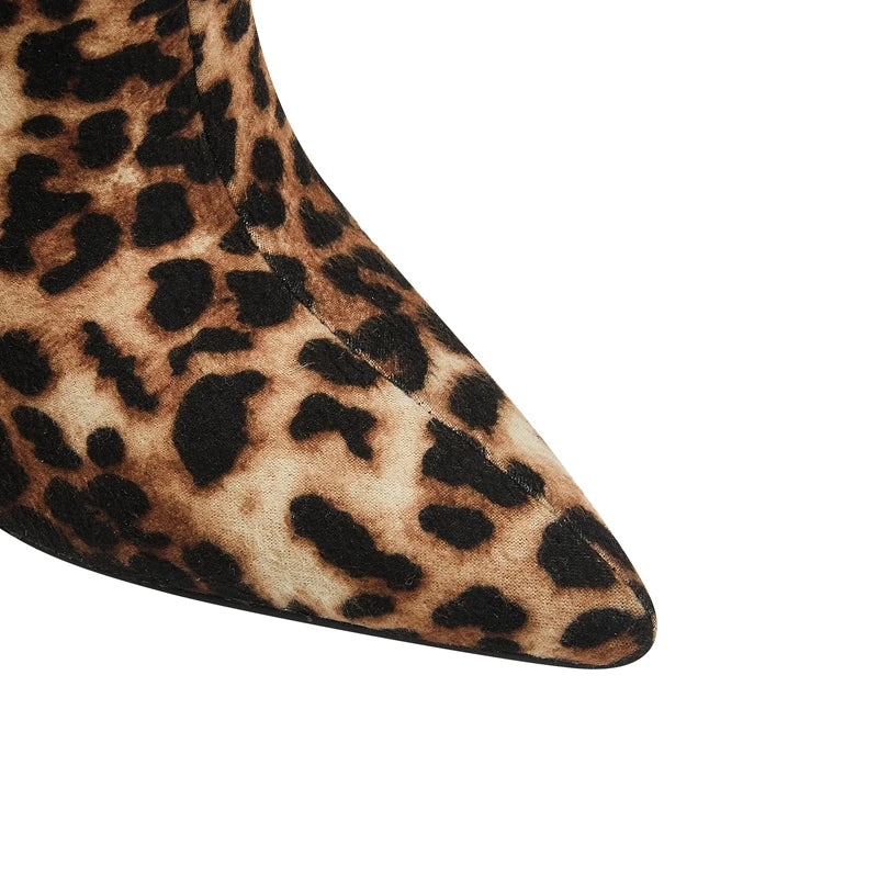 2024 New Leopard Print Pointed Toe High Heel Wolf Teeth Slope Heel Large Women's Boots Short Boots