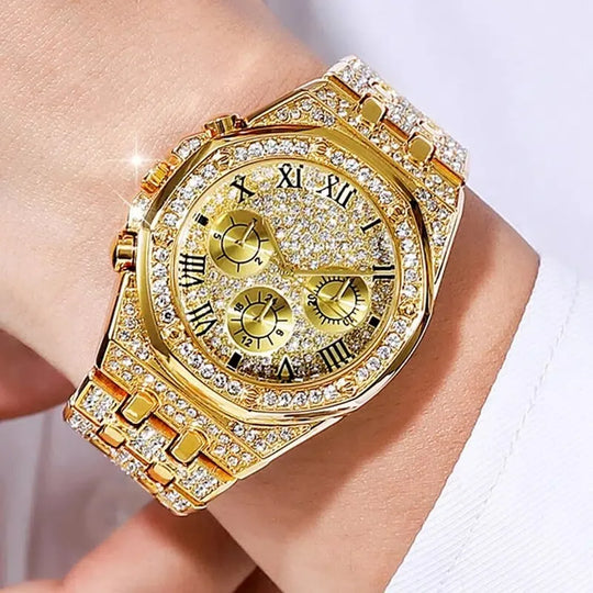 "Women's Diamond Gold Watch - Luxury Brand, Rhinestone Embellished, Ladies Wristwatch with Bracelet Design"