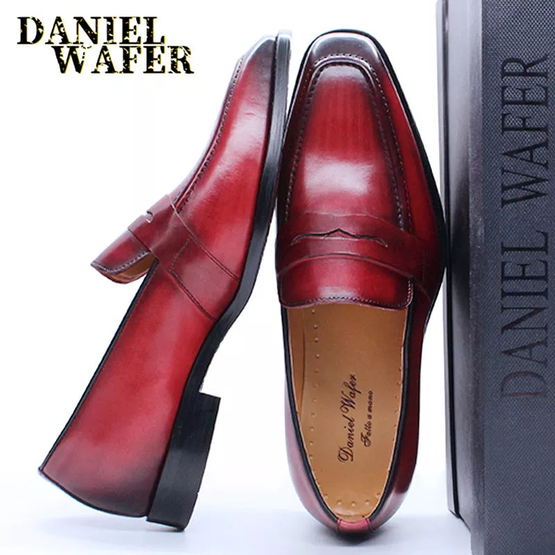 Men's Penny Loafers, Genuine Leather Slip-On, Red and Black Casual Business Dress Shoes, Fashionable Office Footwear