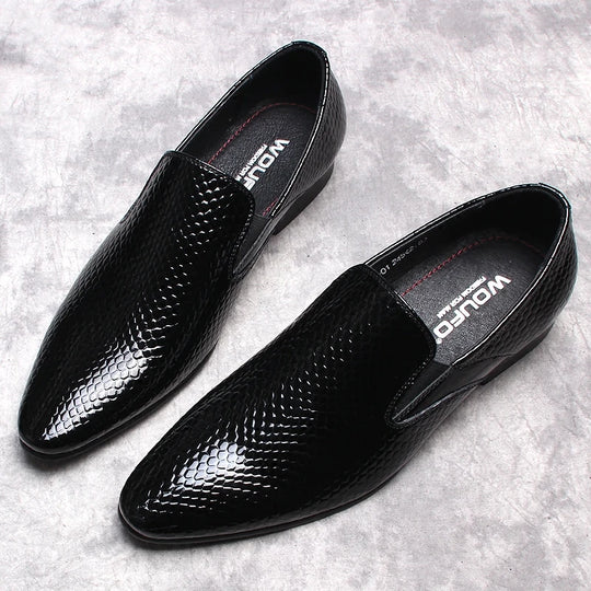 Pointed Toe Men's Loafers, Genuine Leather, Italian Oxfords, Fashion Dress Shoes with Snake Pattern in Black