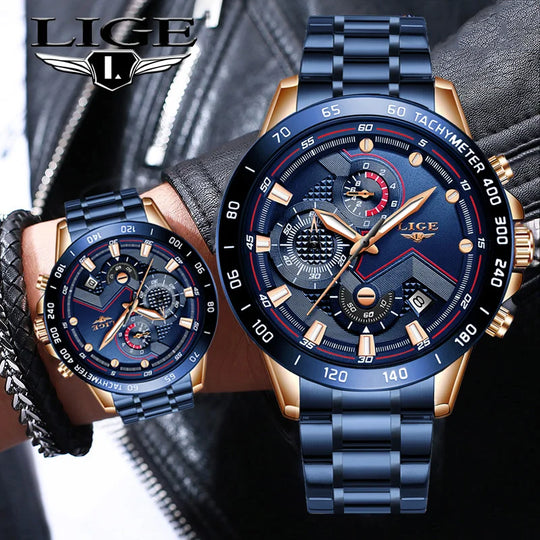 "2024 LIGE Men's Fashion Watch - Stainless Steel, Luxury Brand, Sport Chronograph Quartz, Elegant Design"