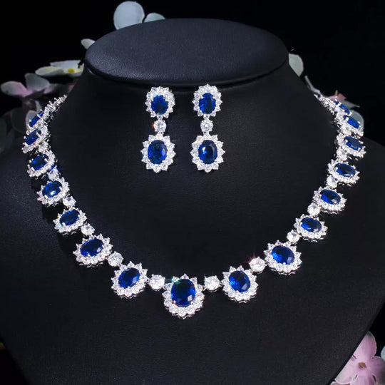 Luxury Brand Gorgeous Full  Stones Around Dark Blue Crystal Flower Party Wedding Dress Jewelry Sets for Women