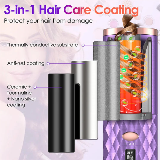 "Cordless Automatic Hair Curler: Wireless, Fast-Heating USB Rechargeable Curling Iron with Timer for Silky Curls"